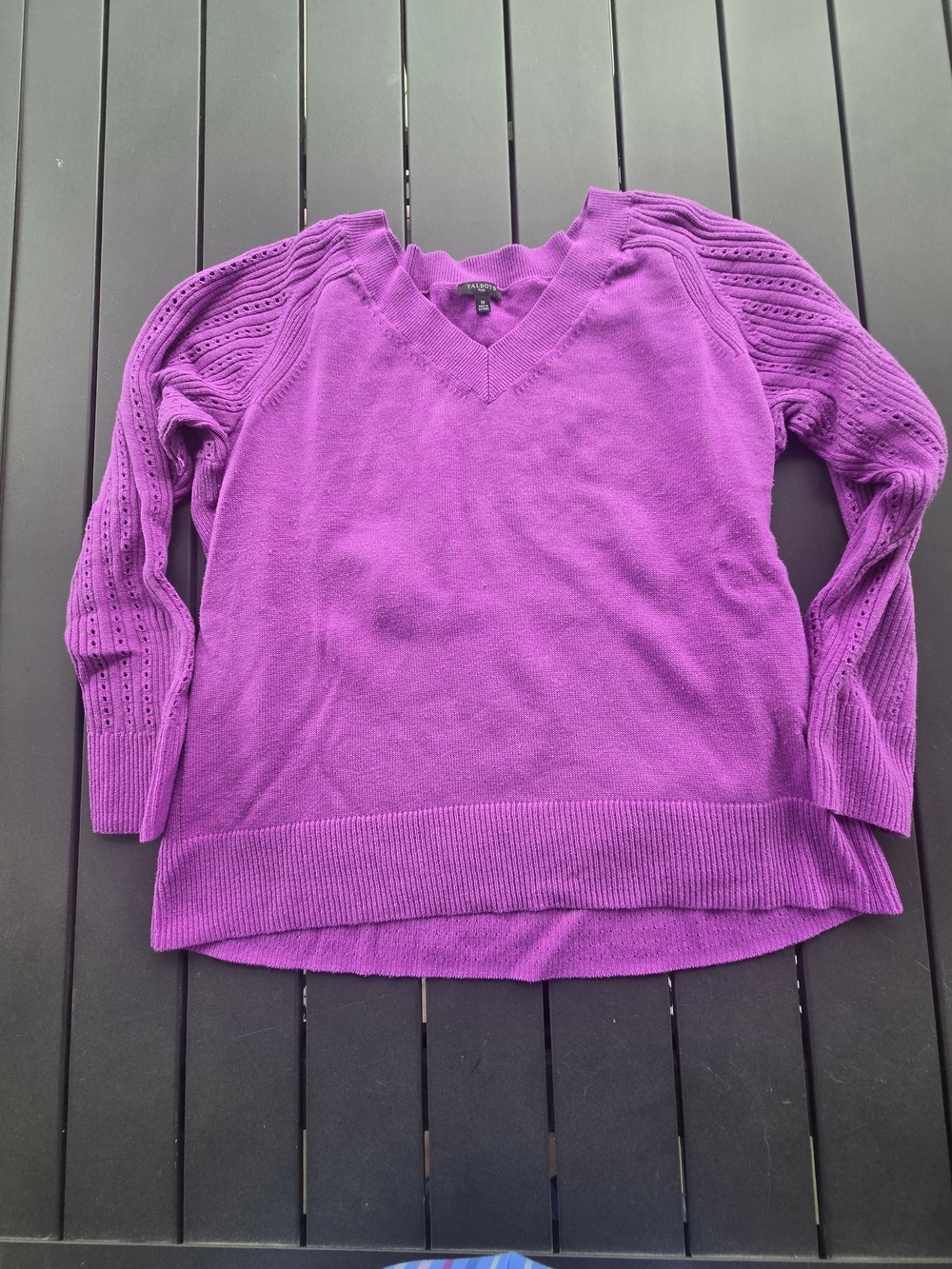 Talbots Womens Purple 1x  V Neck Sweater With Open Weave Sleeves
